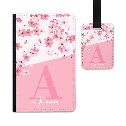 Personalised Pink Cherry Blossom Passport Cover & Luggage Tag