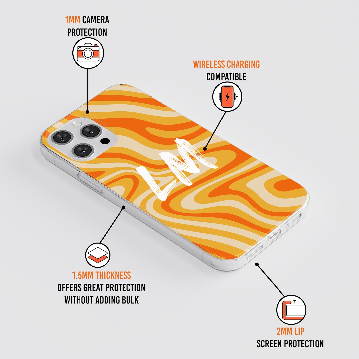 Personalised Orange Swirl Print Initials Name Phone case