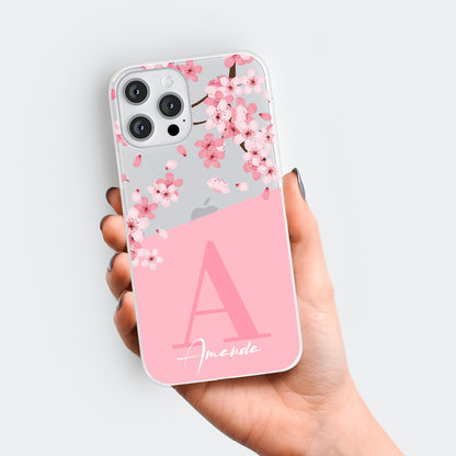 Personalised Pink Cherry Blossom Initials Name Clear Phone case