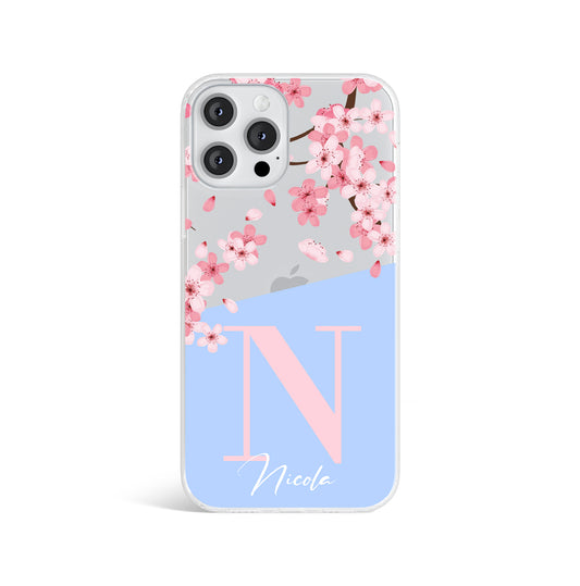 Personalised Blue Cherry Blossom Initials Name Clear Phone case