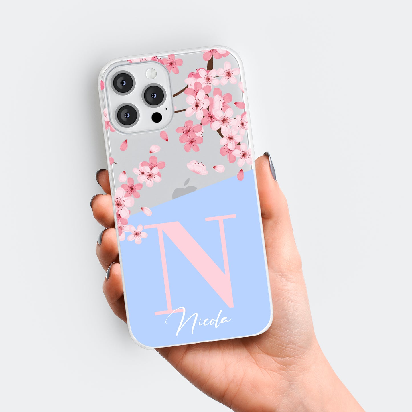 Personalised Blue Cherry Blossom Initials Name Clear Phone case