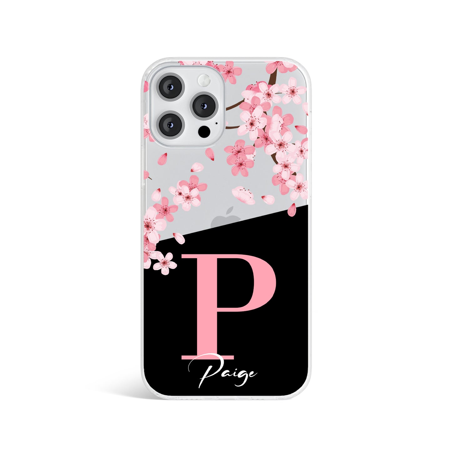 Personalised Black Cherry Blossom Initials Name Clear Phone case