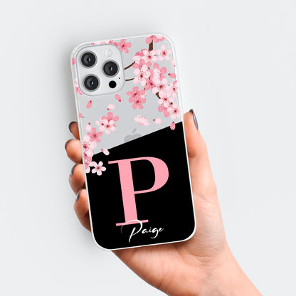 Personalised Black Cherry Blossom Initials Name Clear Phone case