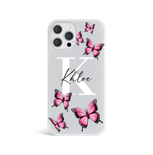 Personalised Pink Butterfly Initials Name Clear Phone case