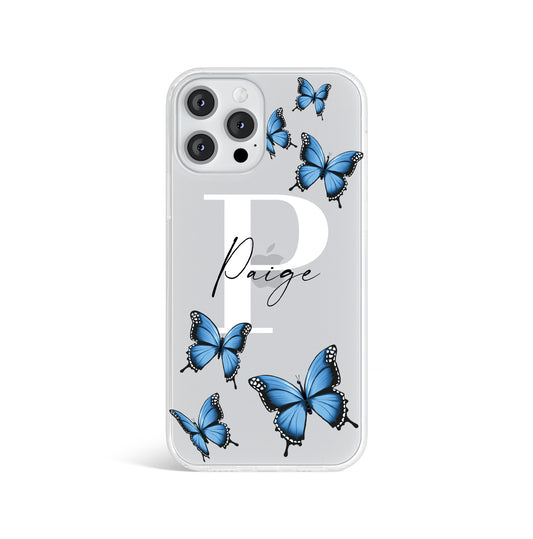 Personalised Blue Butterfly Initials Name Clear Phone case