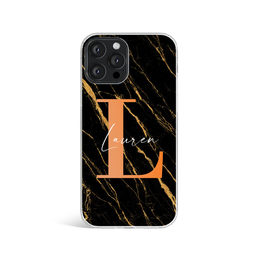 Personalised Black Gold Marble Print Initials Name Phone case