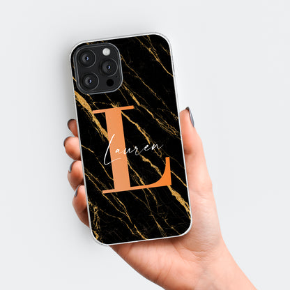 Personalised Black Gold Marble Print Initials Name Phone case