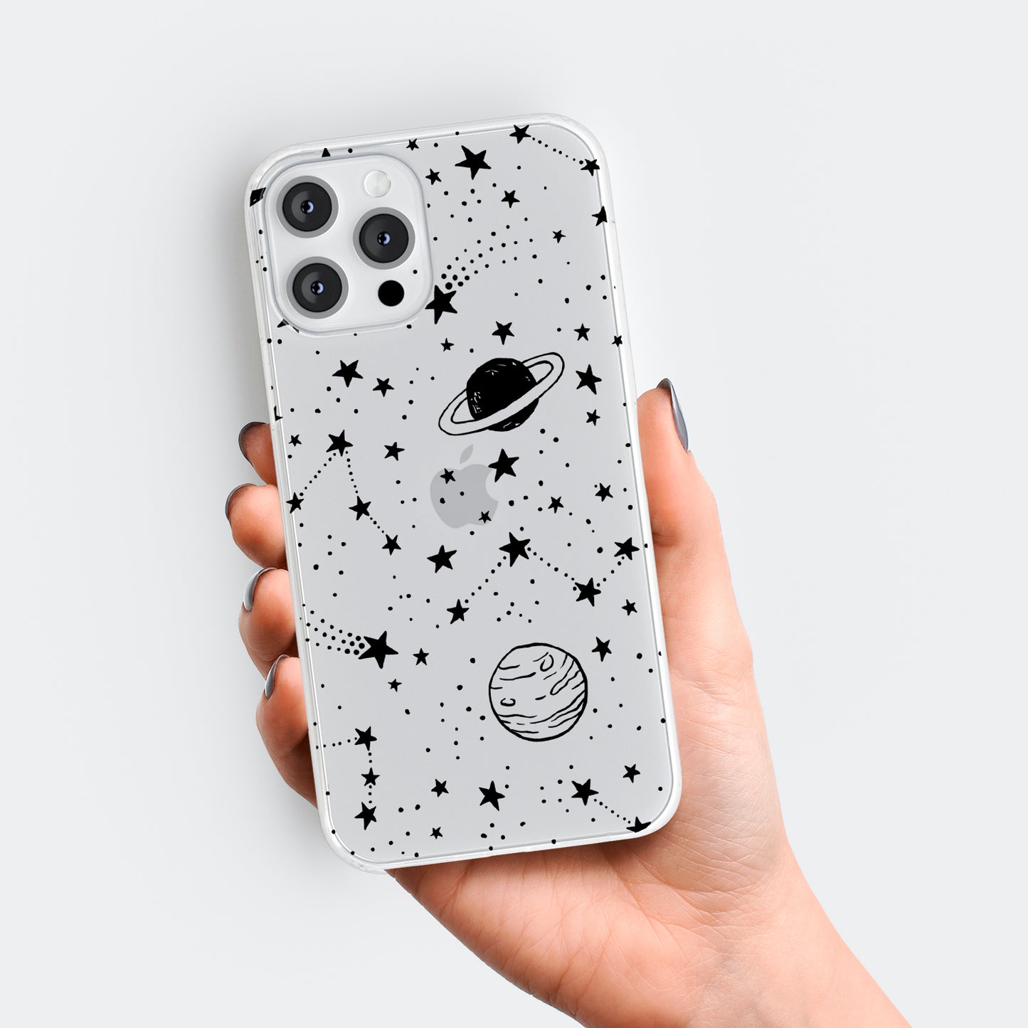 Space Stars Planets Black Print Clear Phone Case