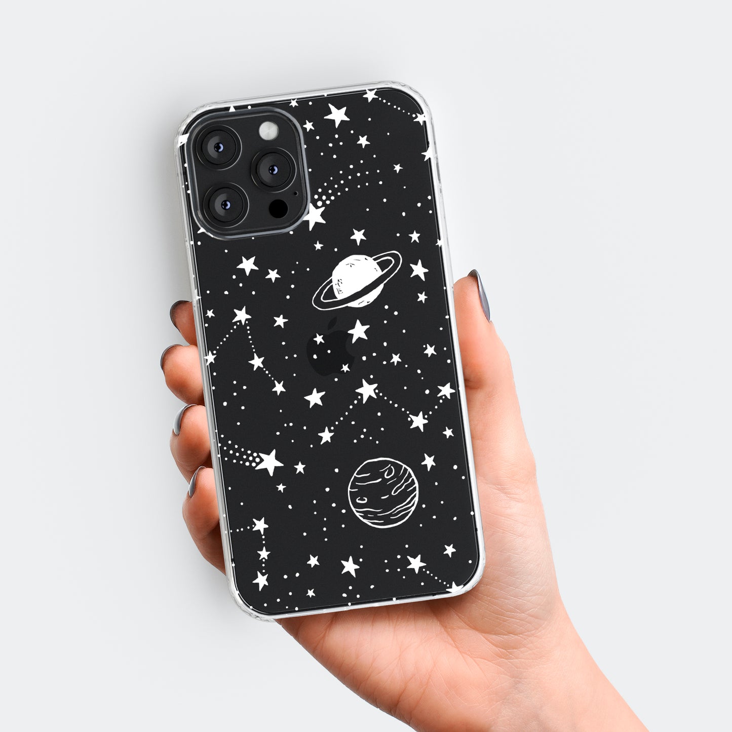 Space Stars Planets White Print Clear Phone Case